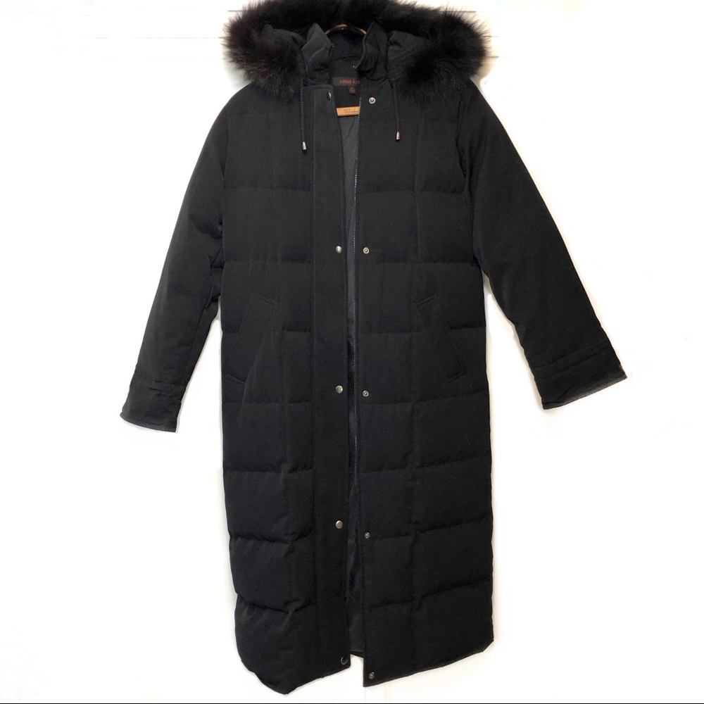 Anne Klein Black Down fur hoodie Long Coat, PS